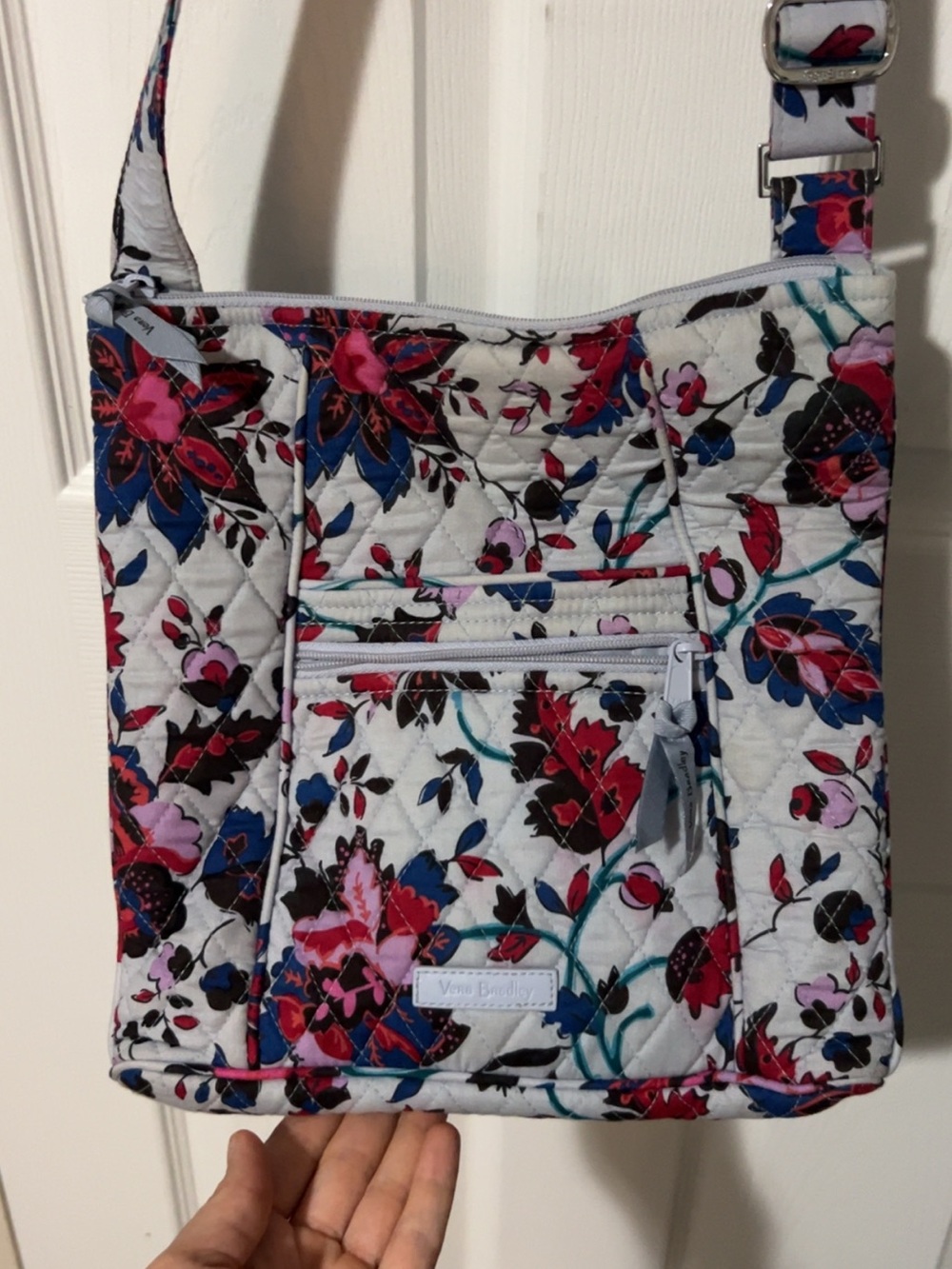 Vera Bradley White Quilted Crossbody with Pink and Blue Floral Print
